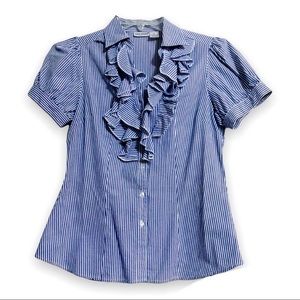Harvé Benard Striped Blue and White Short Sleeve Button Up Princess Puff Sleeve